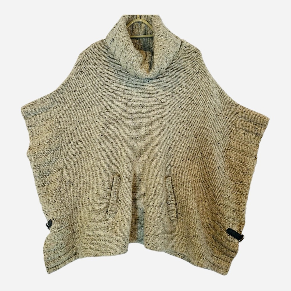 Cynthia Rowley Speckled Beige Cowl Neck Sweater Poncho Wool Blend Buckle Size S